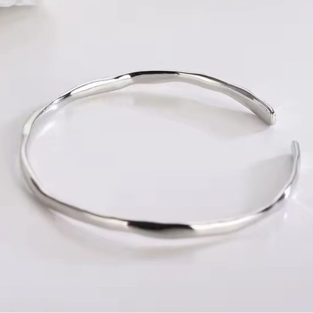 Unisex Polished‎ White Gold Plated Sterling Silver Cuff Bracelet, Adjustable